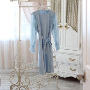 Powder Blue Long Sleeve Midi Dress with Sash